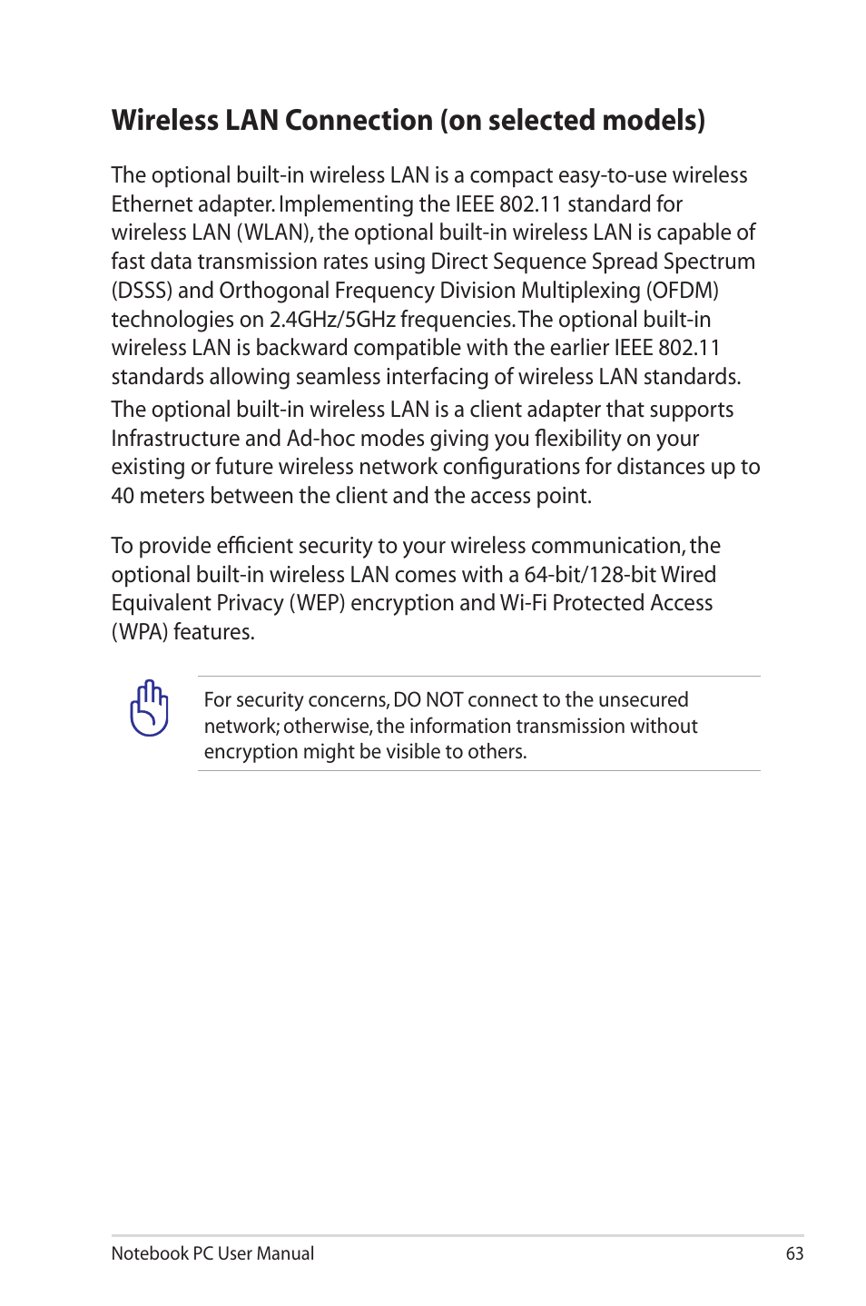 Wireless lan connection (on selected models) | Asus X42DQ User Manual | Page 63 / 108