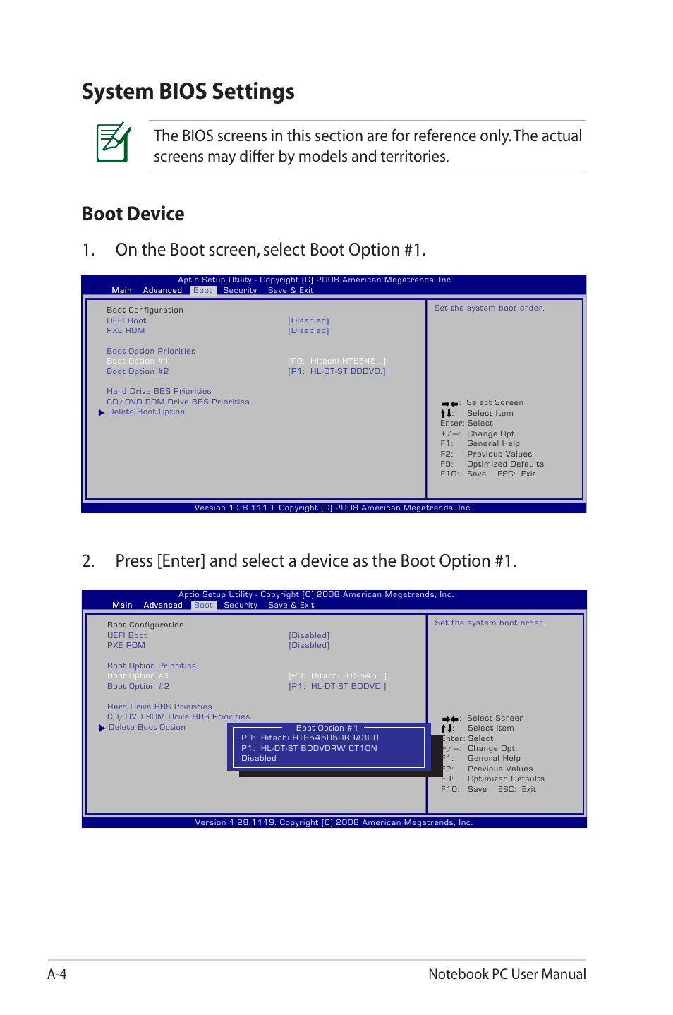 System bios settings, Boot device, On the boot screen, select boot option #1 | Asus X42DQ User Manual | Page 74 / 108