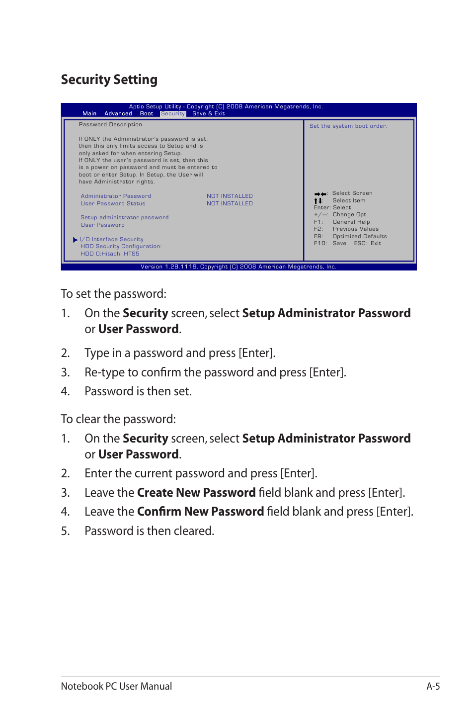 Security setting | Asus X42DQ User Manual | Page 75 / 108