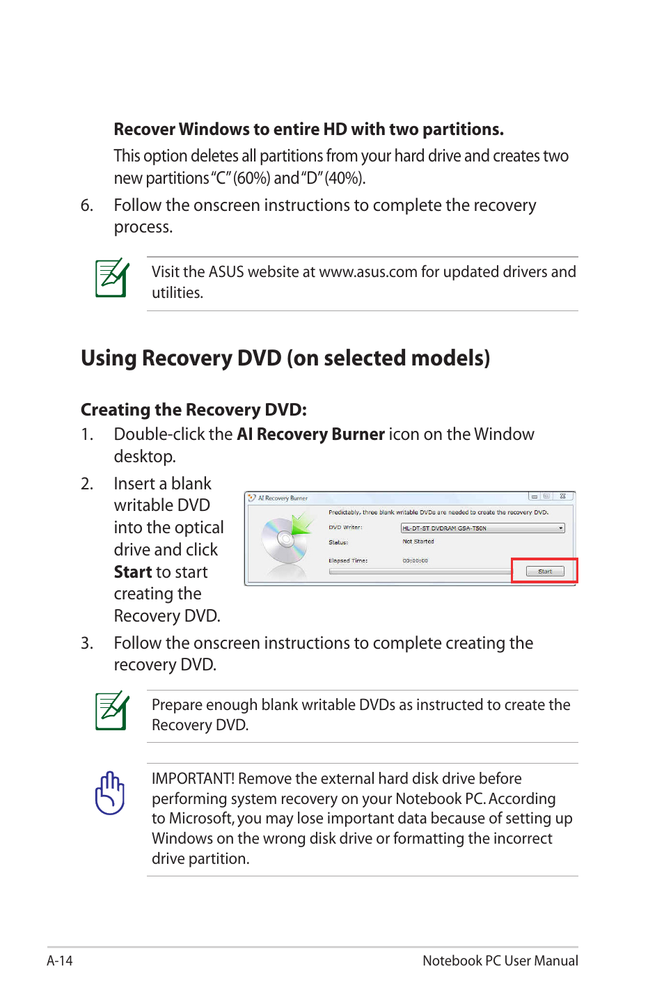 Using recovery dvd (on selected models) | Asus X42DQ User Manual | Page 84 / 108