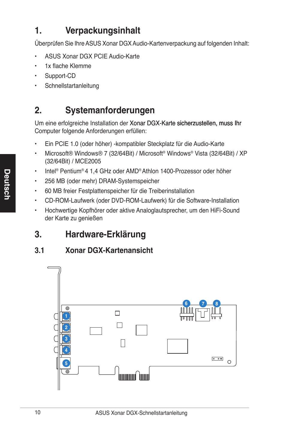 Verpackungsinhalt, Systemanforderungen, Hardware-erklärung | Deutsch, 1 xonar dgx-kartenansicht | Asus Xonar DGX User Manual | Page 12 / 38