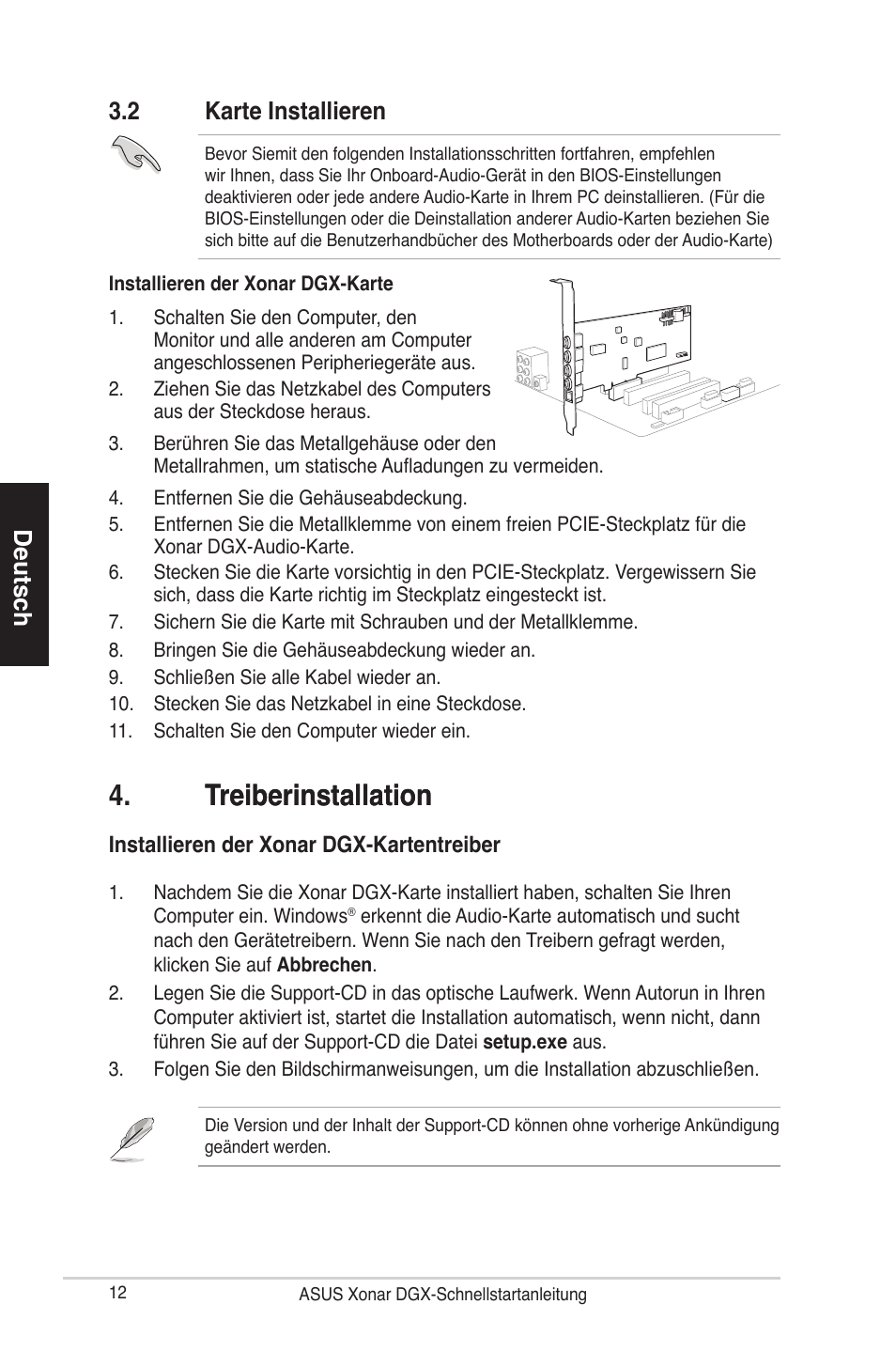 �reiberinstallation �reiberinstallation, Deutsch, 2 karte installieren | Asus Xonar DGX User Manual | Page 14 / 38