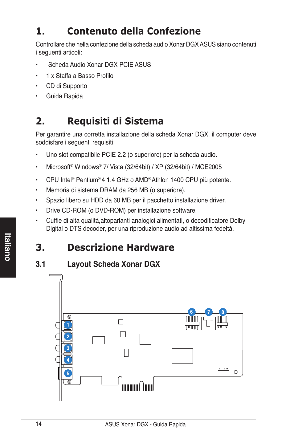 Contenuto della confezione, Requisiti di sistema, Descrizione hardware | Italiano, 1 layout scheda xonar dgx | Asus Xonar DGX User Manual | Page 16 / 38