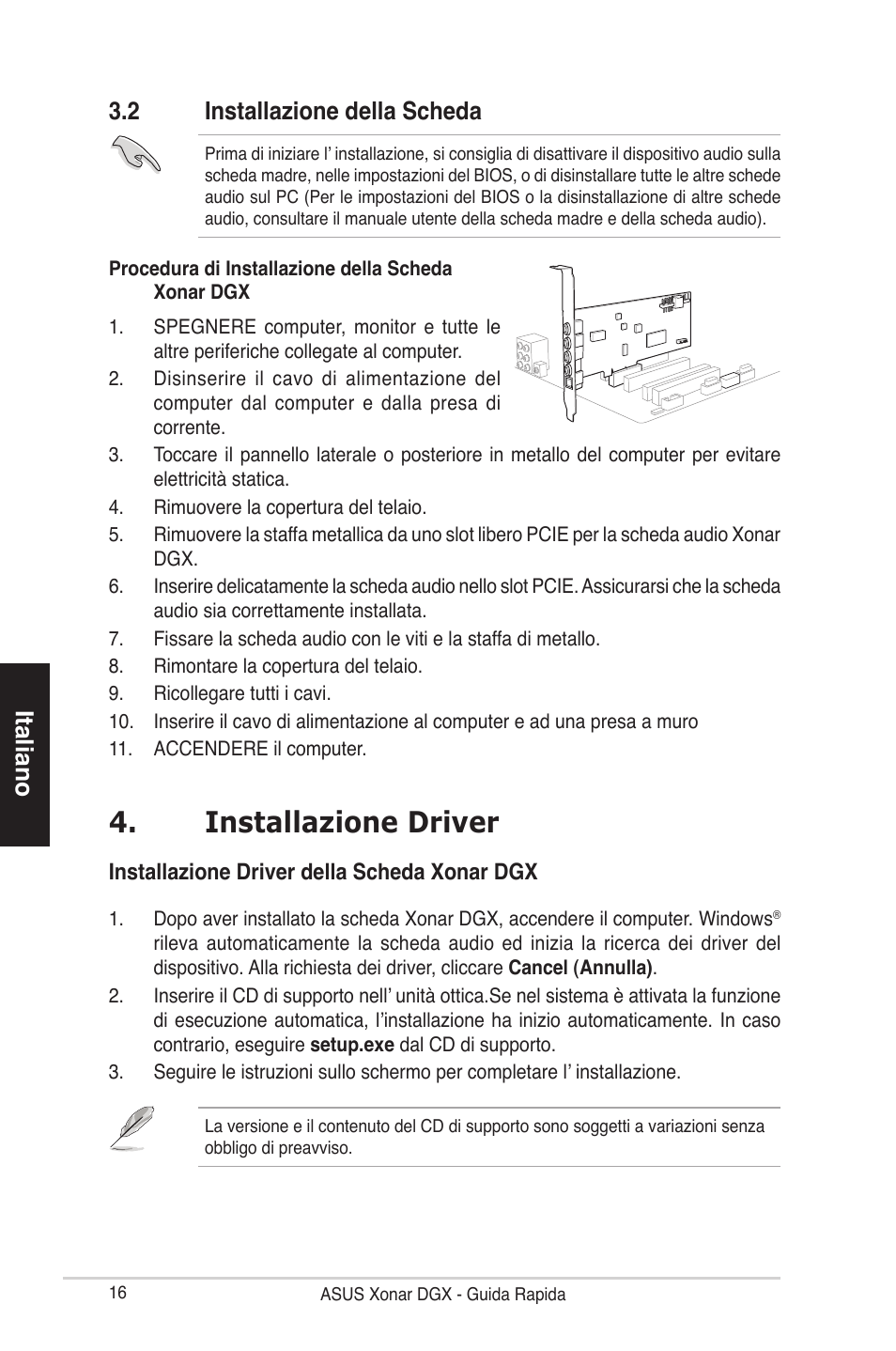 Installazione driver, Italiano, 2 installazione della scheda | Asus Xonar DGX User Manual | Page 18 / 38