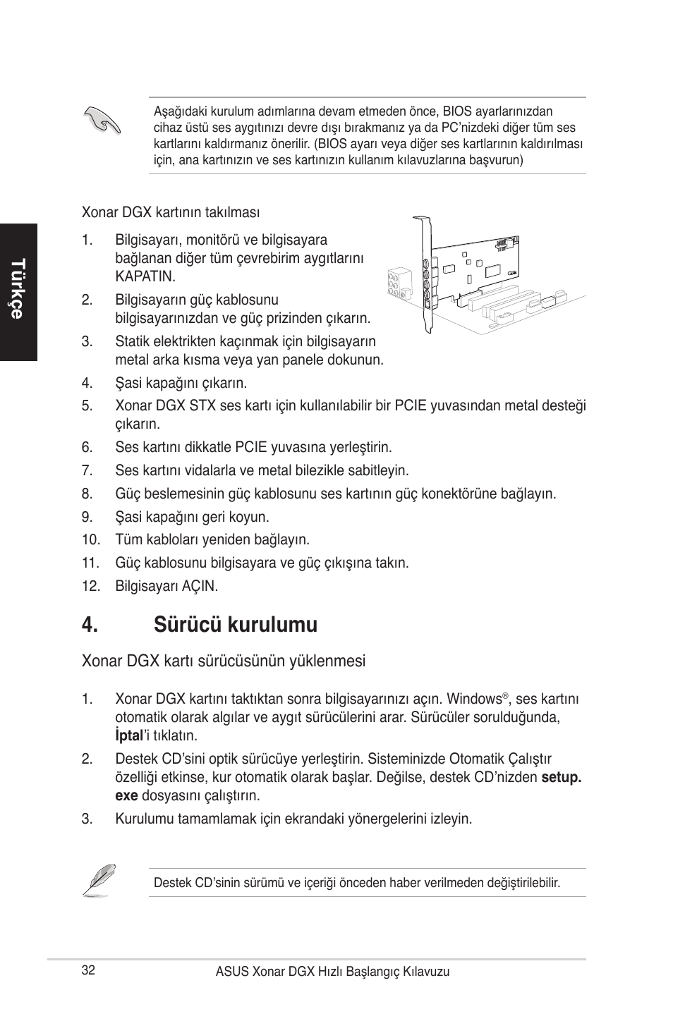 Sürücü kurulumu, Ürkçe, Xonar dgx kartı sürücüsünün yüklenmesi | Asus Xonar DGX User Manual | Page 34 / 38