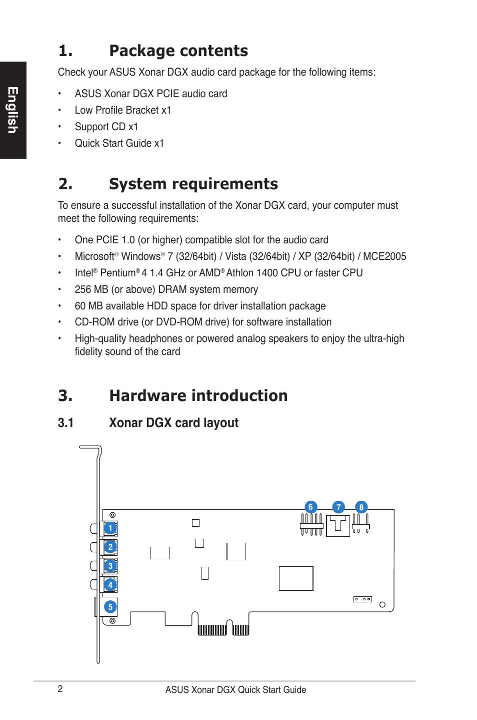Package contents, System requirements, Hardware introduction | English, 1 xonar dgx card layout | Asus Xonar DGX User Manual | Page 4 / 38