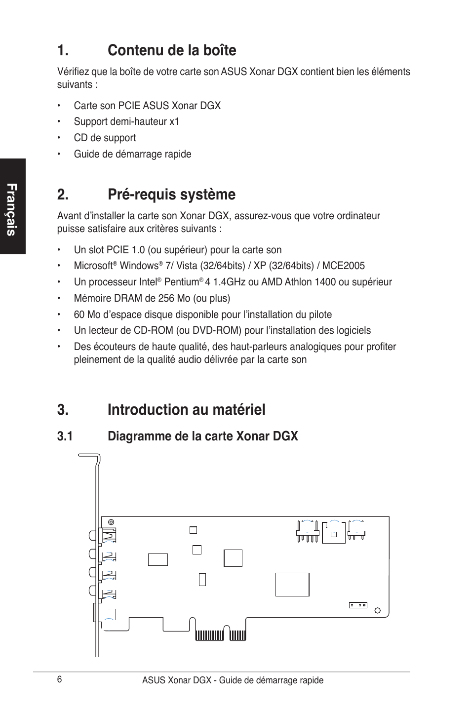 Contenu de la boîte, Pré-requis système, Introduction au matériel | Français, 1 diagramme de la carte xonar dgx | Asus Xonar DGX User Manual | Page 8 / 38
