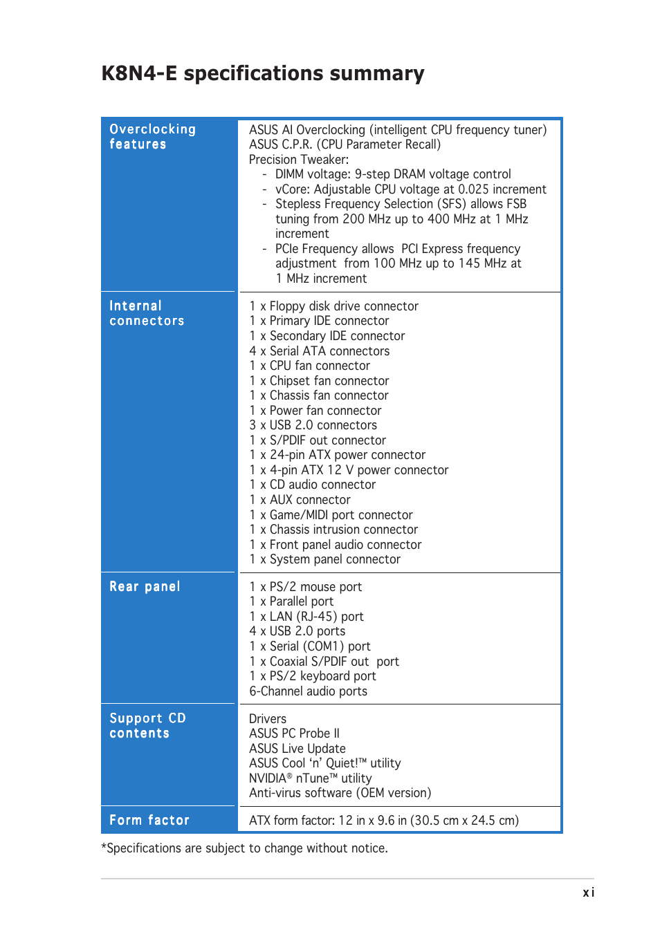 K8n4-e specifications summary | Asus K8N4-E User Manual | Page 11 / 92