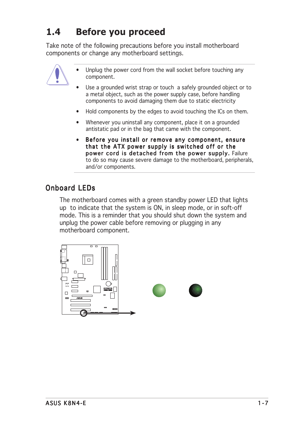 4 before you proceed, Onboard leds | Asus K8N4-E User Manual | Page 19 / 92