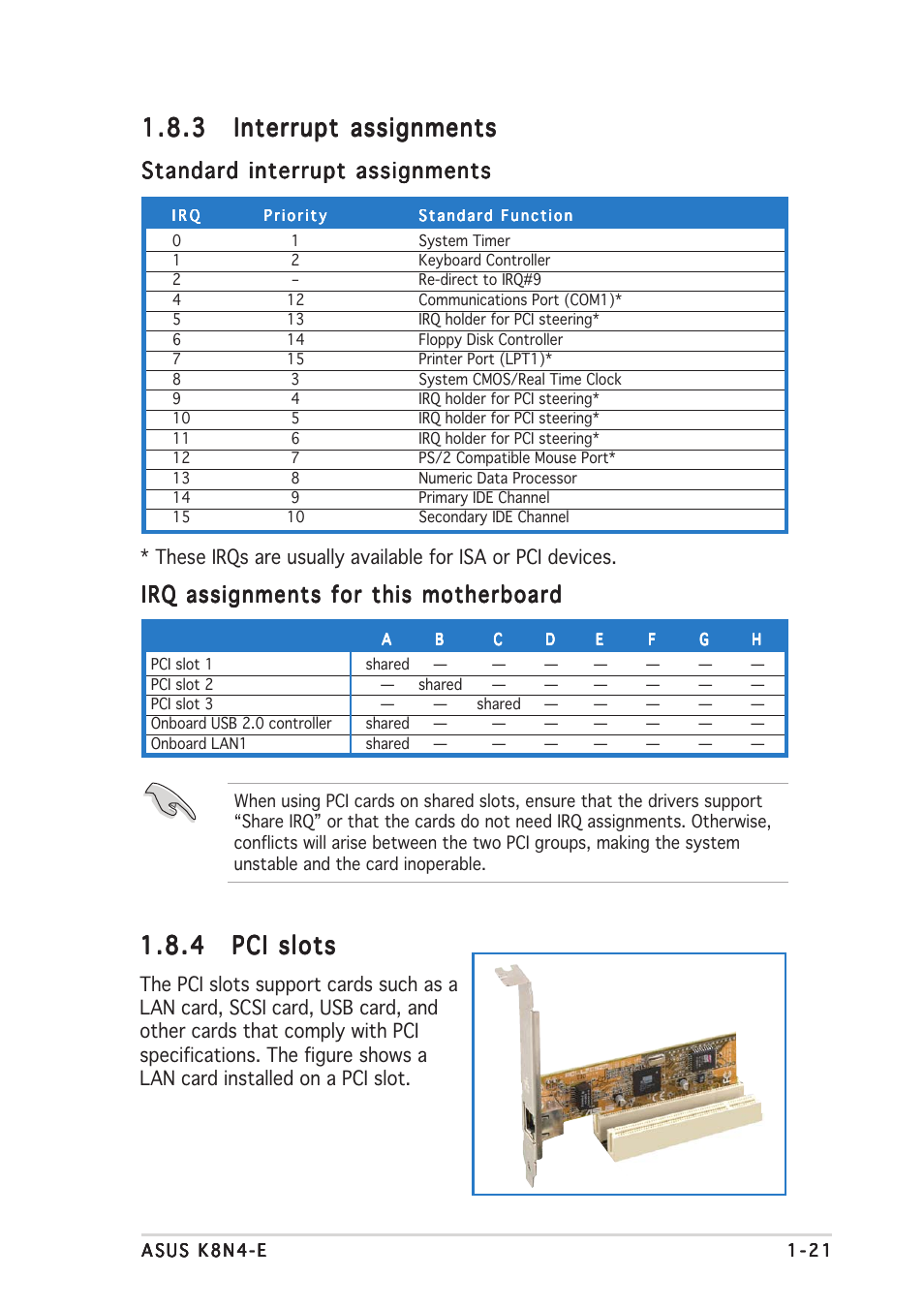 Standard interrupt assignments, Irq assignments for this motherboard | Asus K8N4-E User Manual | Page 33 / 92