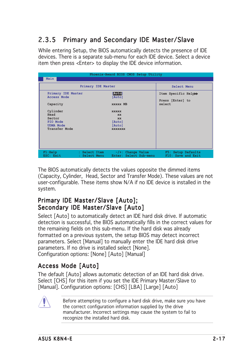 Primary ide master/slave [auto, Access mode [auto | Asus K8N4-E User Manual | Page 63 / 92