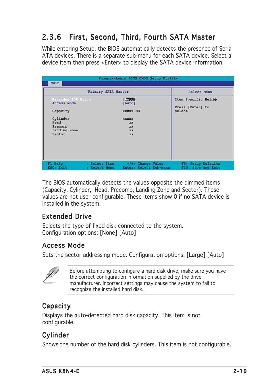 Extended drive, Access mode, Capacity | Cylinder | Asus K8N4-E User Manual | Page 65 / 92