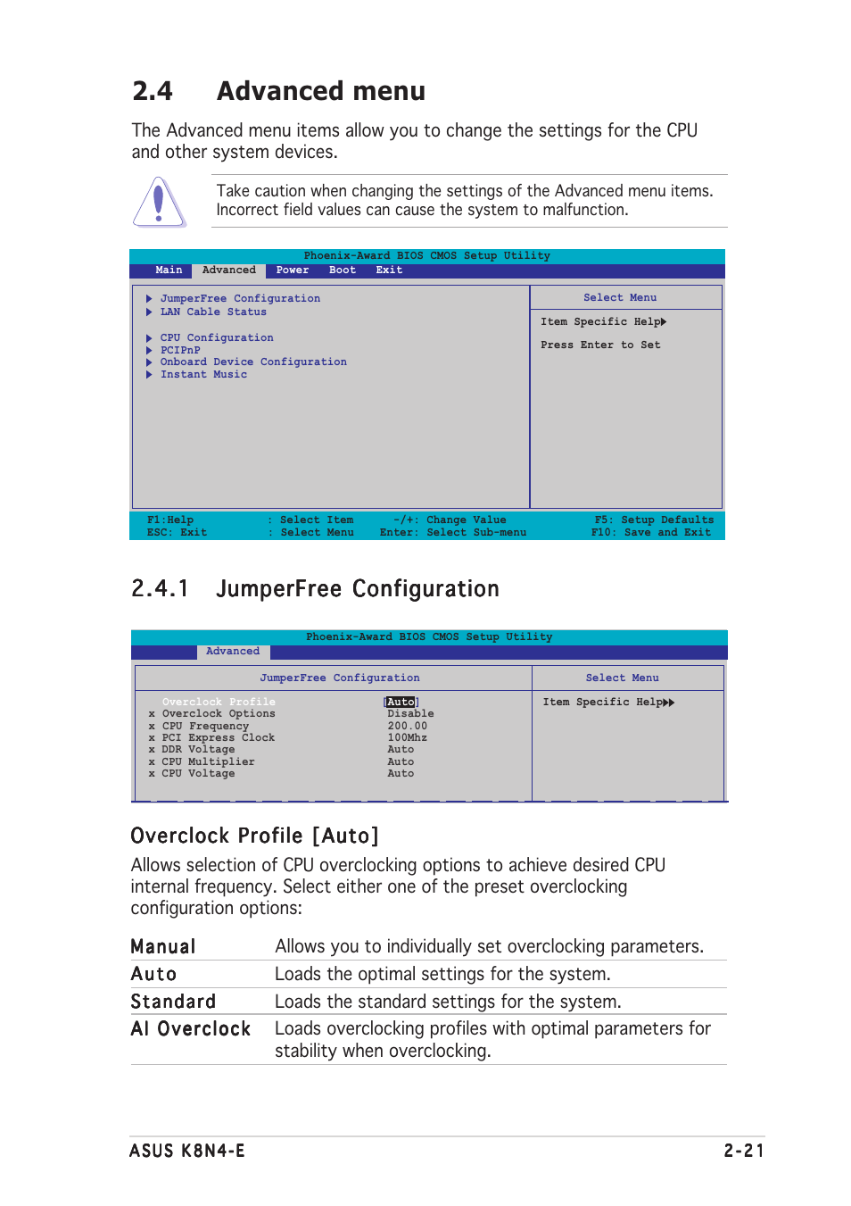 4 advanced menu, Overclock profile [auto | Asus K8N4-E User Manual | Page 67 / 92