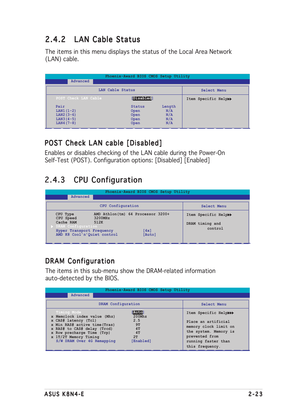 Post check lan cable [disabled, Dram configuration | Asus K8N4-E User Manual | Page 69 / 92