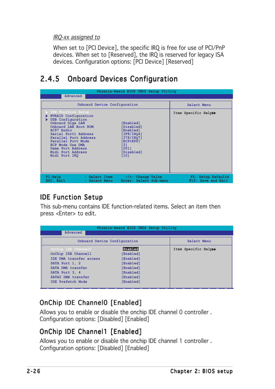 Ide function setup, Onchip ide channel0 [enabled, Onchip ide channel1 [enabled | Asus K8N4-E User Manual | Page 72 / 92