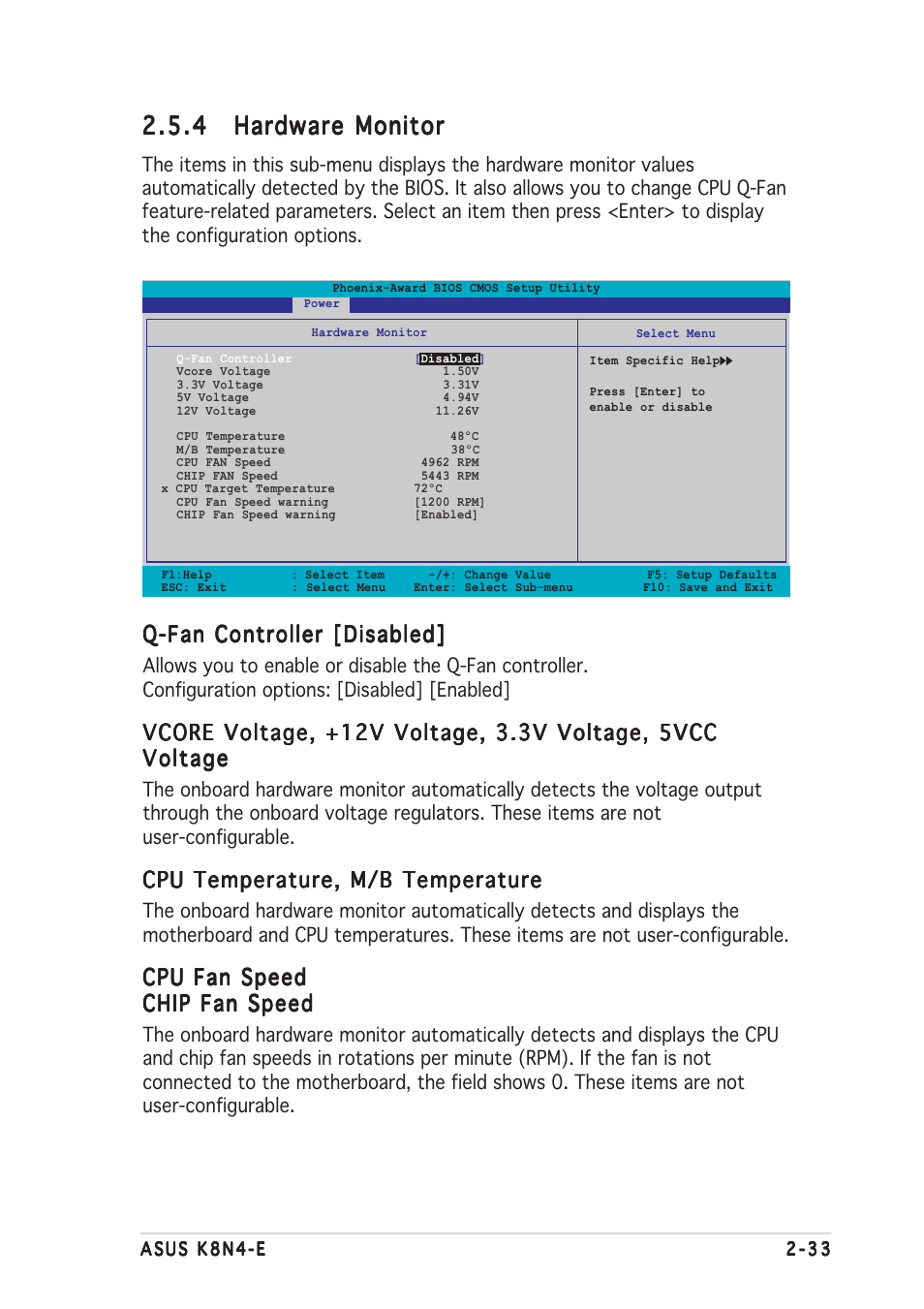 Q-fan controller [disabled, Cpu temperature, m/b temperature, Cpu fan speed | Asus K8N4-E User Manual | Page 79 / 92