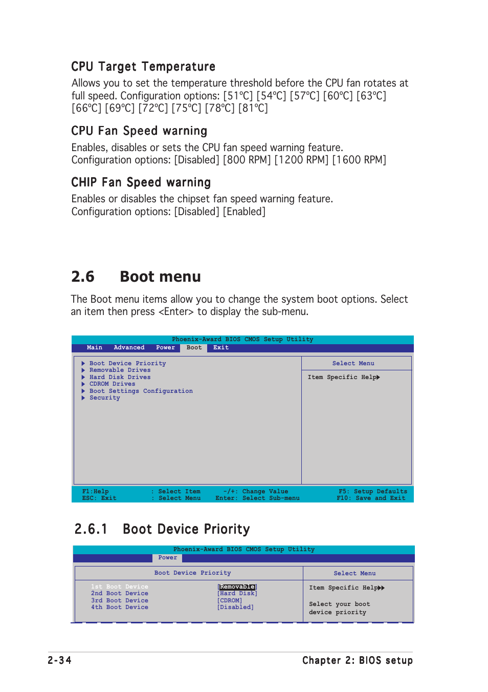 6 boot menu, Cpu target temperature, Cpu fan speed warning | Chip fan speed warning | Asus K8N4-E User Manual | Page 80 / 92