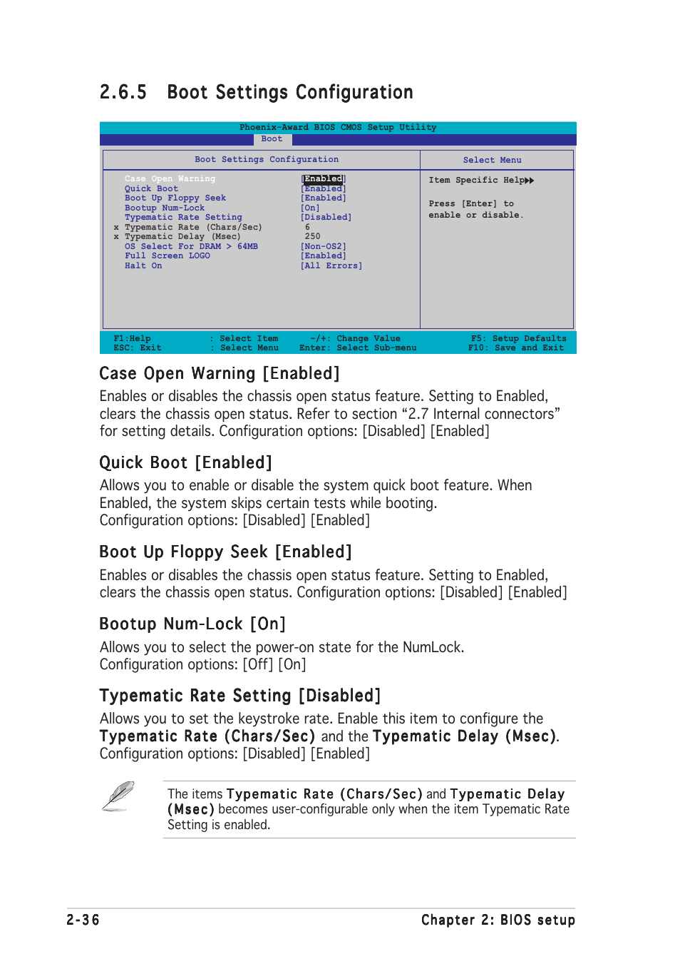 Case open warning [enabled, Quick boot [enabled, Boot up floppy seek [enabled | Bootup num-lock [on, Typematic rate setting [disabled | Asus K8N4-E User Manual | Page 82 / 92