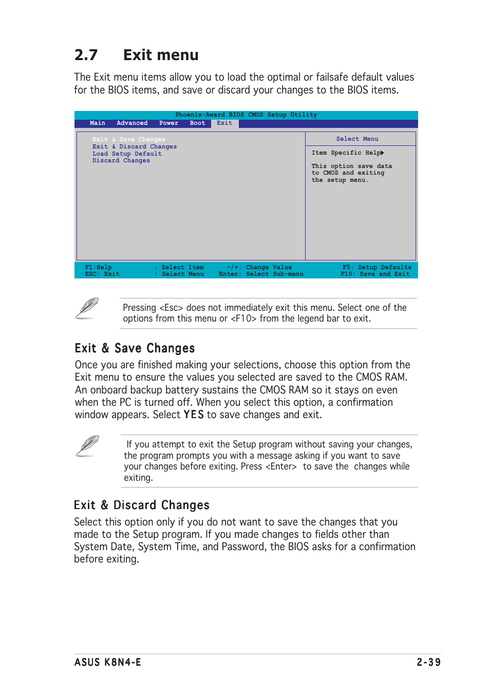 7 exit menu, Exit & save changes, Exit & discard changes | Asus K8N4-E User Manual | Page 85 / 92