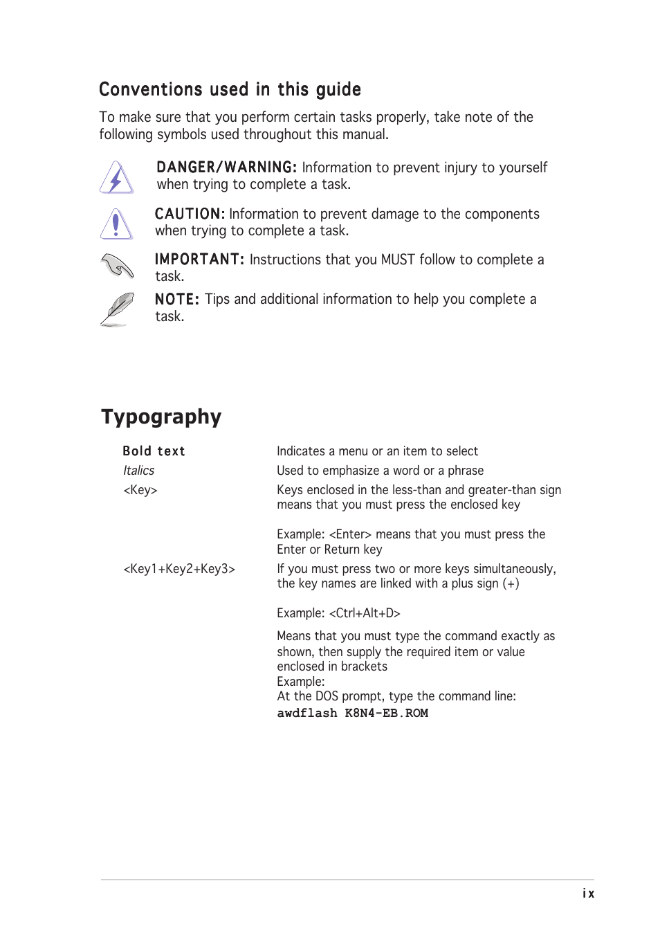 Typography, Conventions used in this guide | Asus K8N4-E User Manual | Page 9 / 92