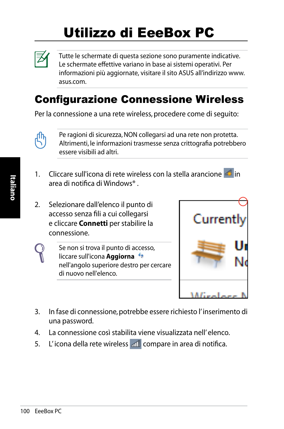 Utilizzo di eeebox pc, Configurazione connessione wireless | Asus EB1007 User Manual | Page 100 / 183