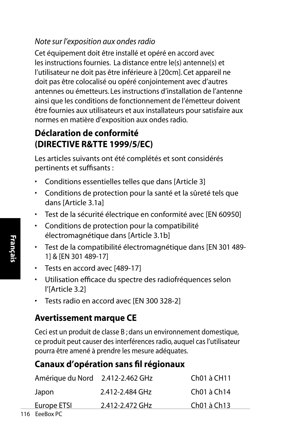 Avertissement marque ce, Canaux d’opération sans fil régionaux | Asus EB1007 User Manual | Page 116 / 183