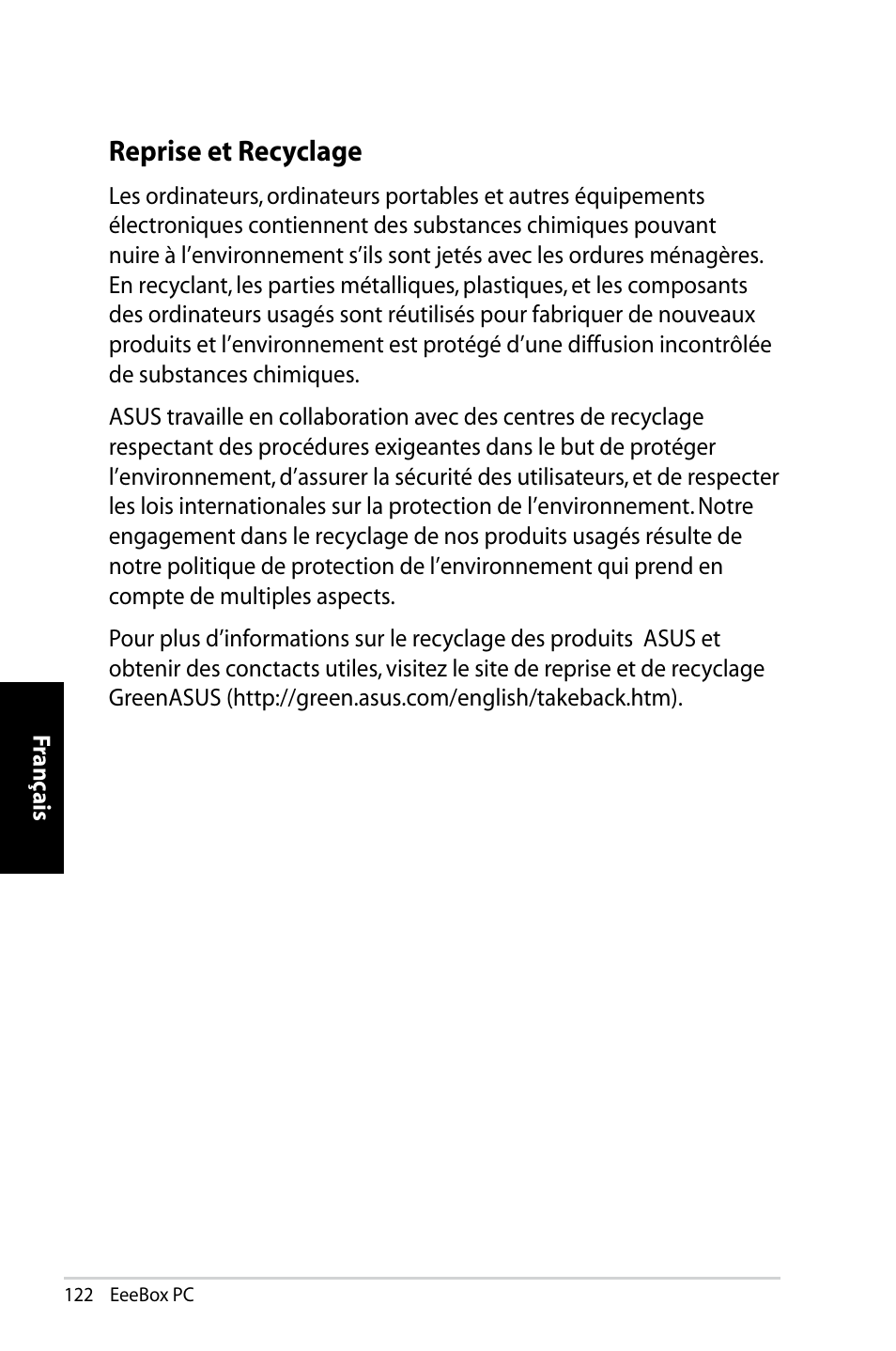 Reprise et recyclage | Asus EB1007 User Manual | Page 122 / 183