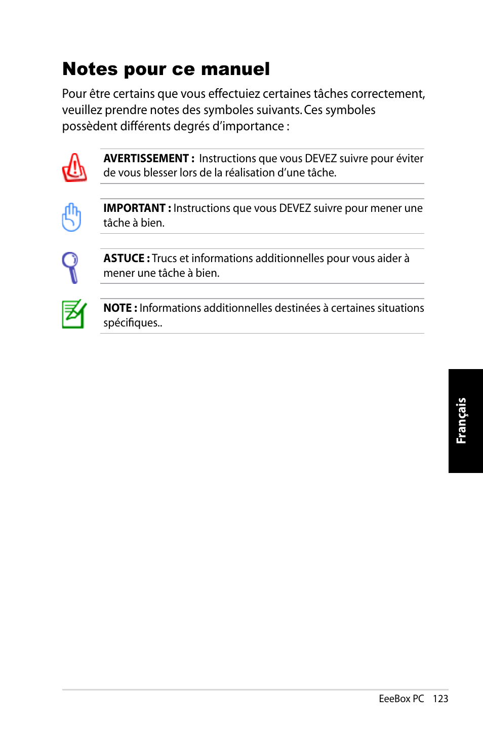 Notes pour ce manuel | Asus EB1007 User Manual | Page 123 / 183