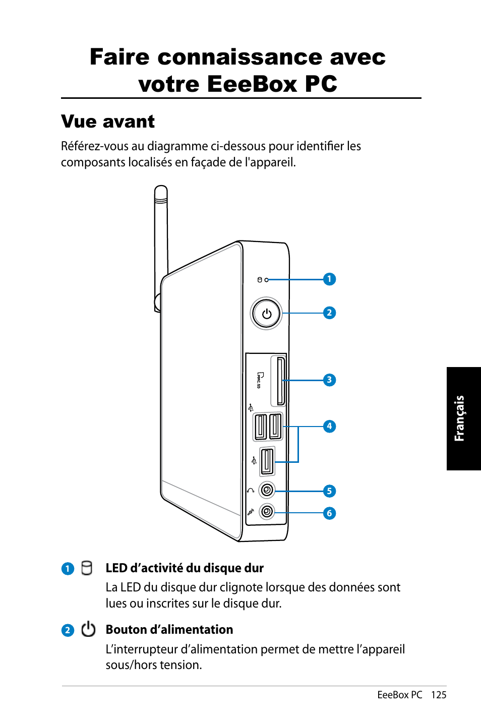 Faire connaissance avec votre eeebox pc, Vue avant | Asus EB1007 User Manual | Page 125 / 183