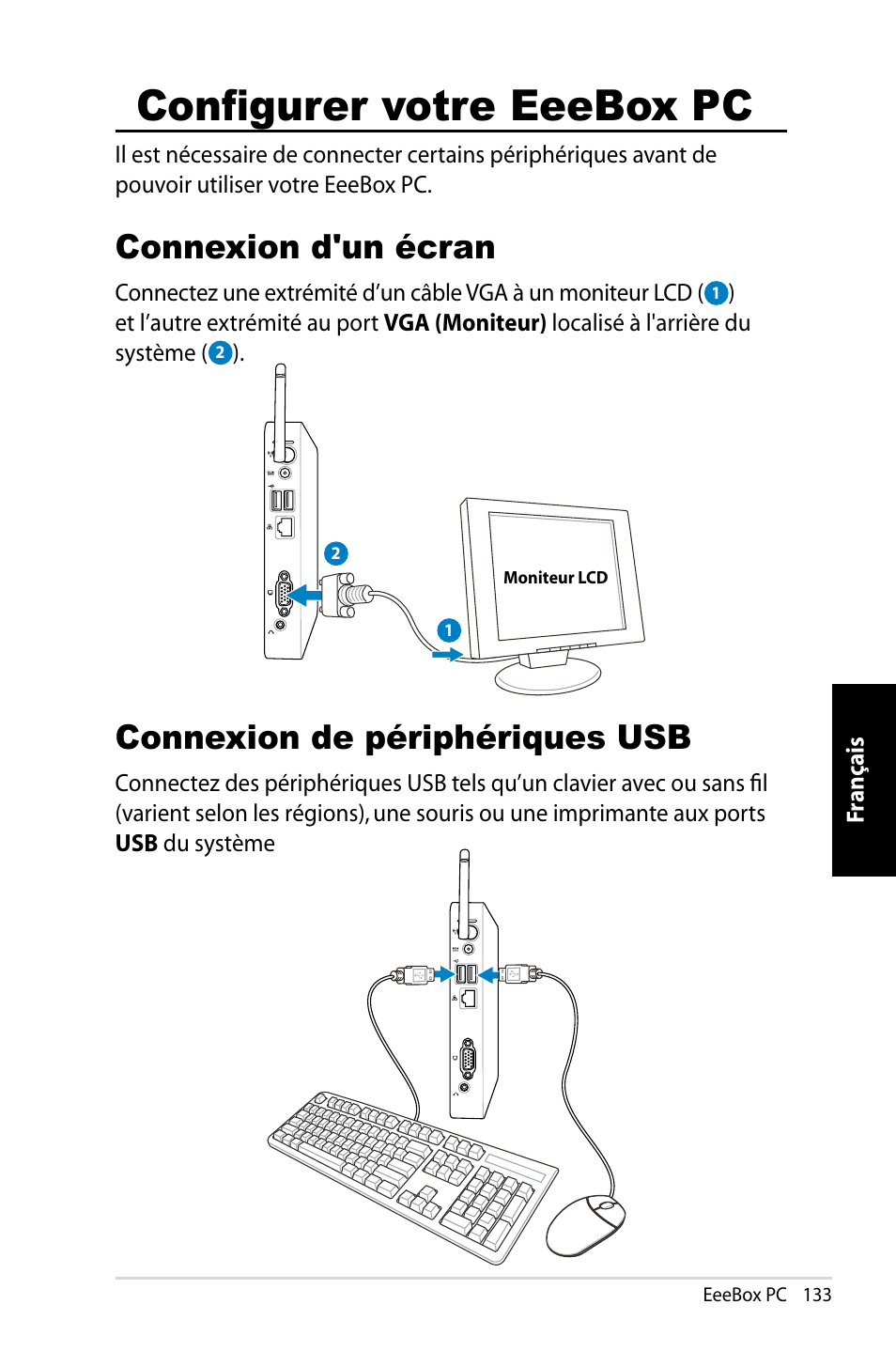 Configurer votre eeebox pc, Connexion d'un écran, Connexion de périphériques usb | Asus EB1007 User Manual | Page 133 / 183