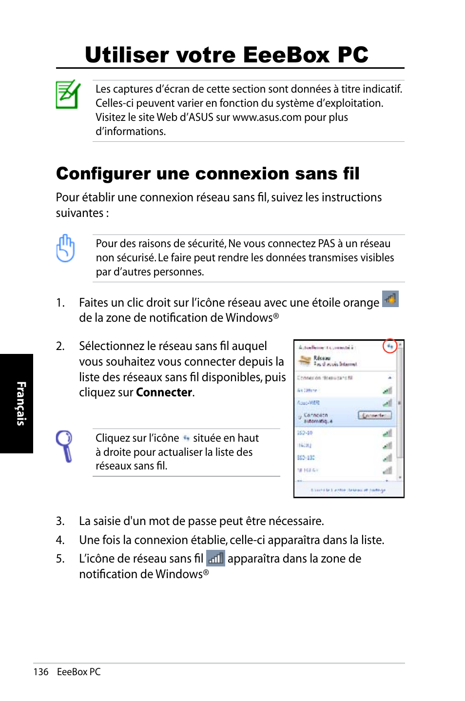 Utiliser votre eeebox pc, Configurer une connexion sans fil | Asus EB1007 User Manual | Page 136 / 183