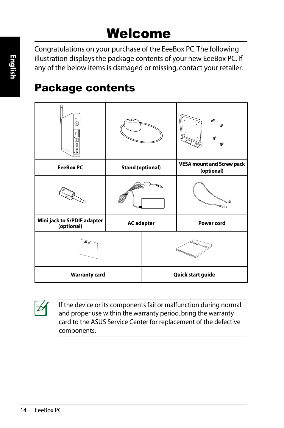 Welcome, Package contents, English | Asus EB1007 User Manual | Page 14 / 183