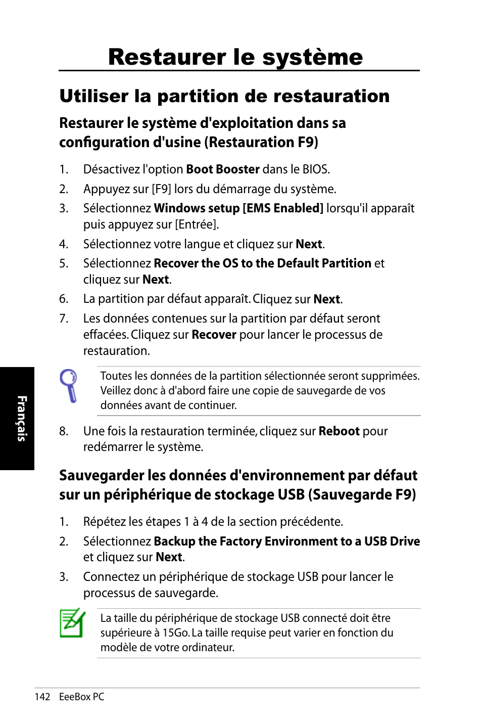 Restaurer le système, Utiliser la partition de restauration | Asus EB1007 User Manual | Page 142 / 183