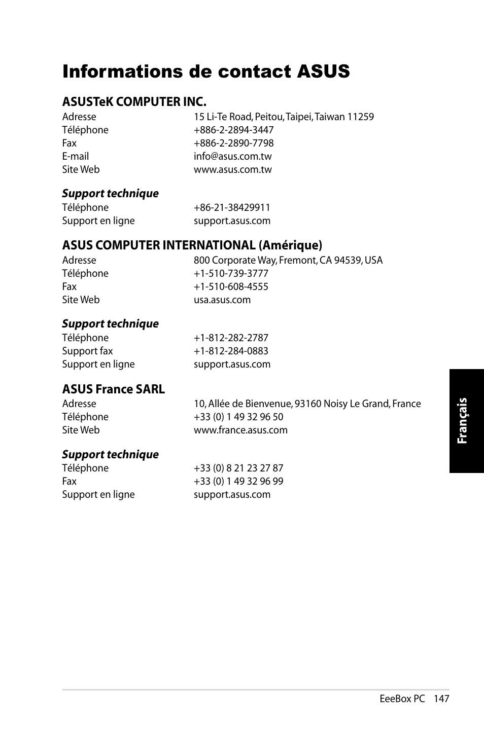 Informations de contact asus, Fr ançais, Asustek computer inc | Asus computer international (amérique), Asus france sarl | Asus EB1007 User Manual | Page 147 / 183