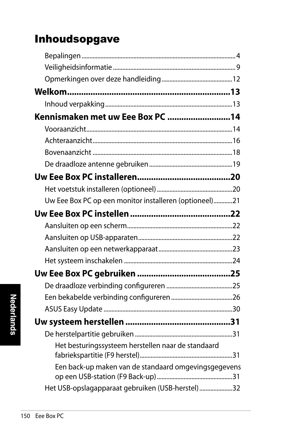 Inhoudsopgave | Asus EB1007 User Manual | Page 150 / 183