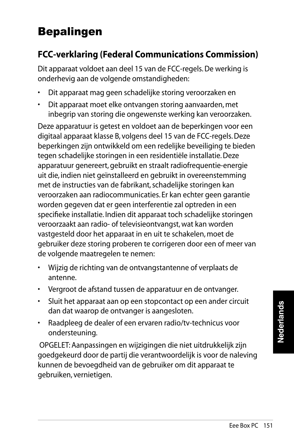 Bepalingen, Fcc-verklaring (federal communications commission) | Asus EB1007 User Manual | Page 151 / 183