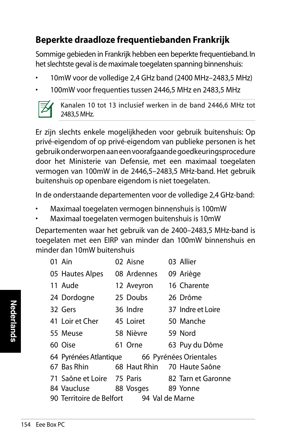 Beperkte draadloze frequentiebanden frankrijk | Asus EB1007 User Manual | Page 154 / 183