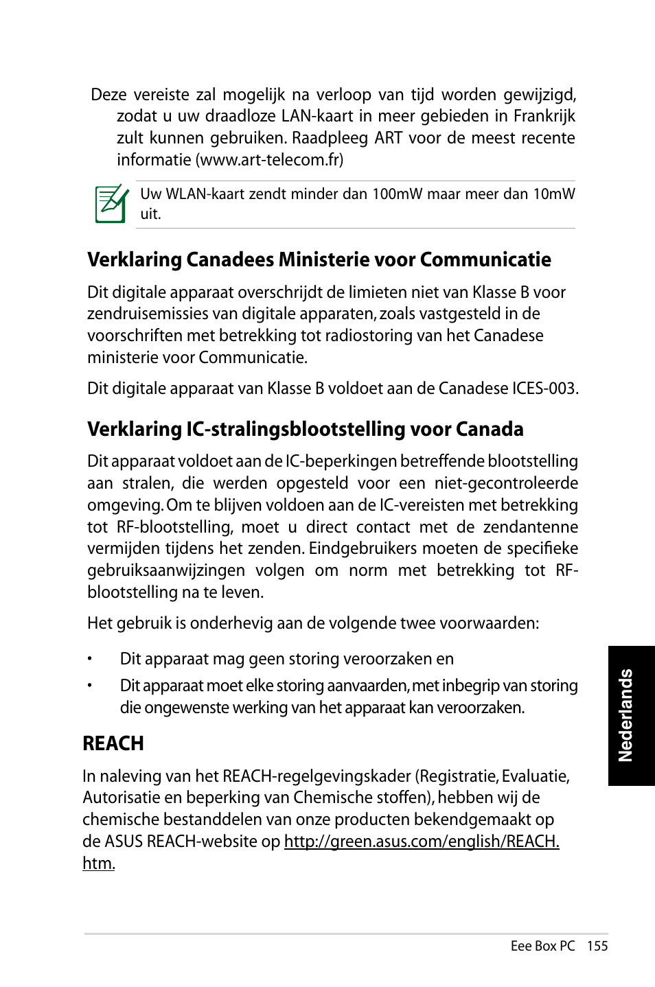 Verklaring canadees ministerie voor communicatie, Verklaring ic-stralingsblootstelling voor canada, Reach | Asus EB1007 User Manual | Page 155 / 183