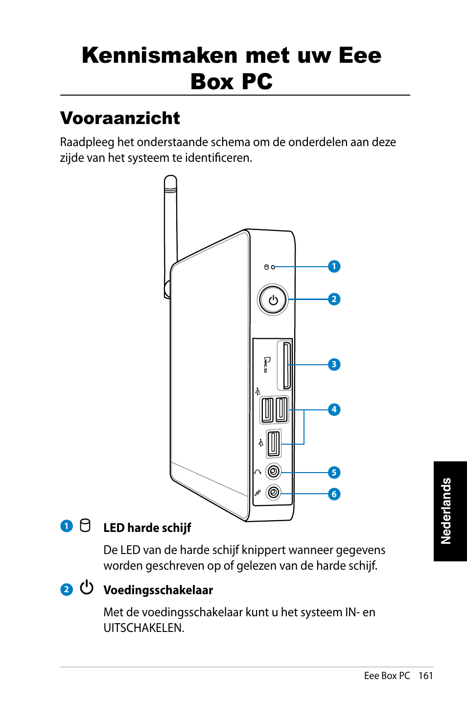 Kennismaken met uw eee box pc, Vooraanzicht | Asus EB1007 User Manual | Page 161 / 183