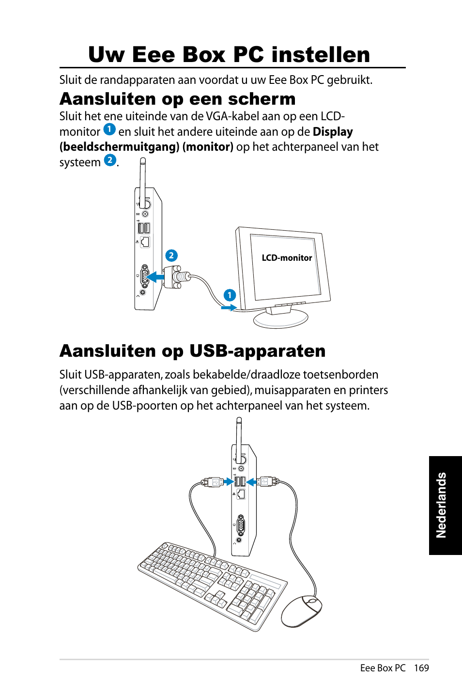 Uw eee box pc instellen, Aansluiten op een scherm, Aansluiten op usb-apparaten | Asus EB1007 User Manual | Page 169 / 183