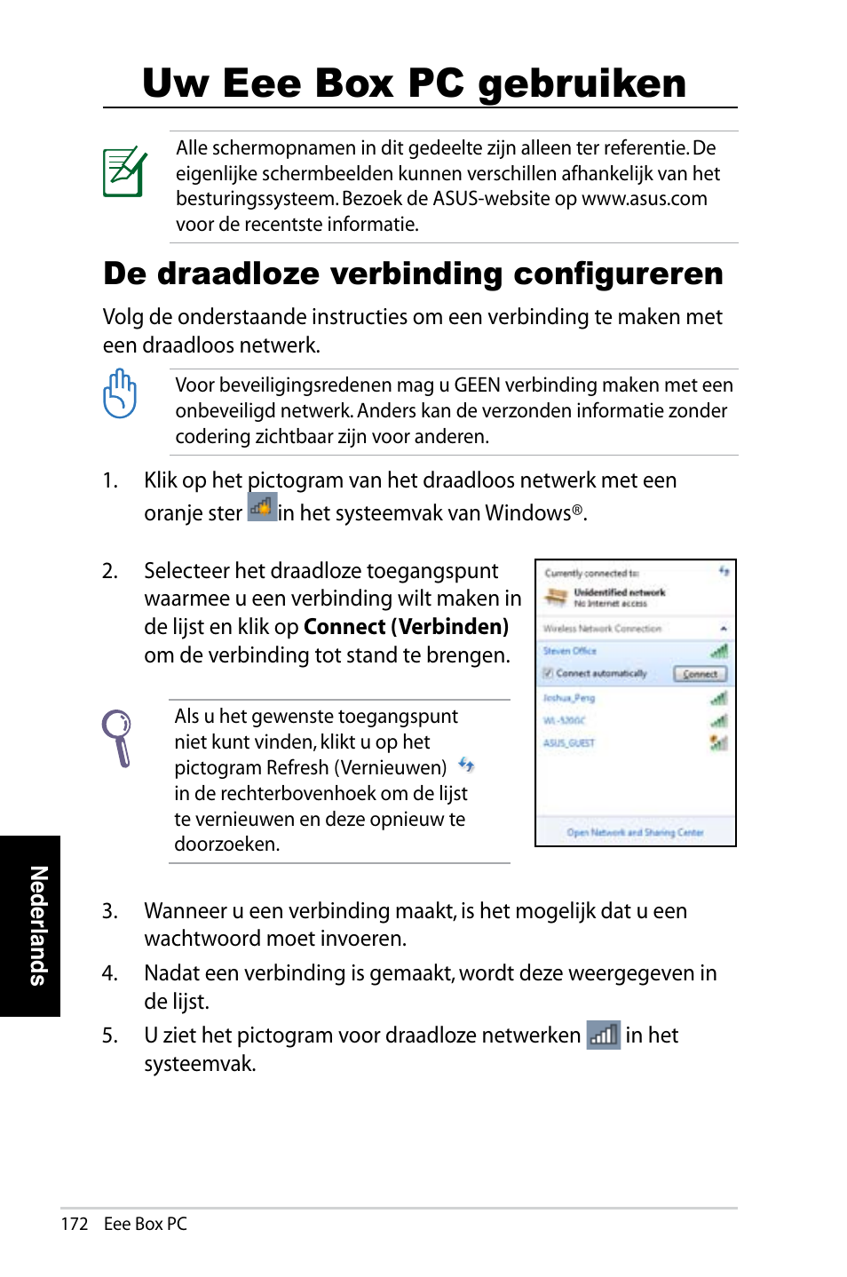 Uw eee box pc gebruiken, De draadloze verbinding configureren | Asus EB1007 User Manual | Page 172 / 183