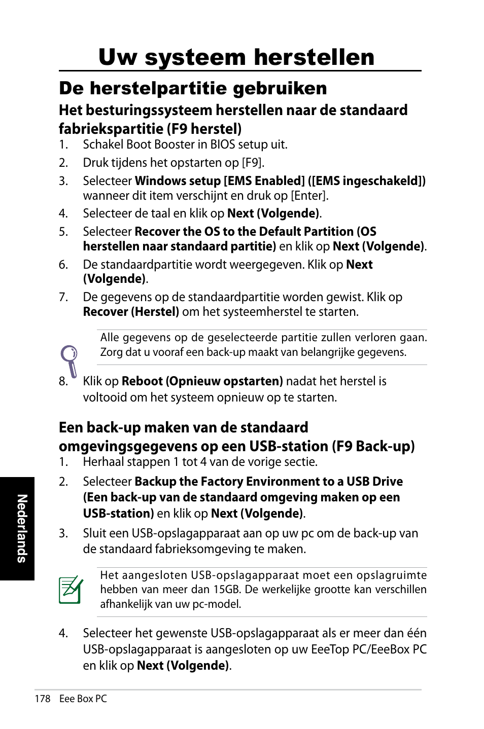 Uw systeem herstellen, De herstelpartitie gebruiken | Asus EB1007 User Manual | Page 178 / 183