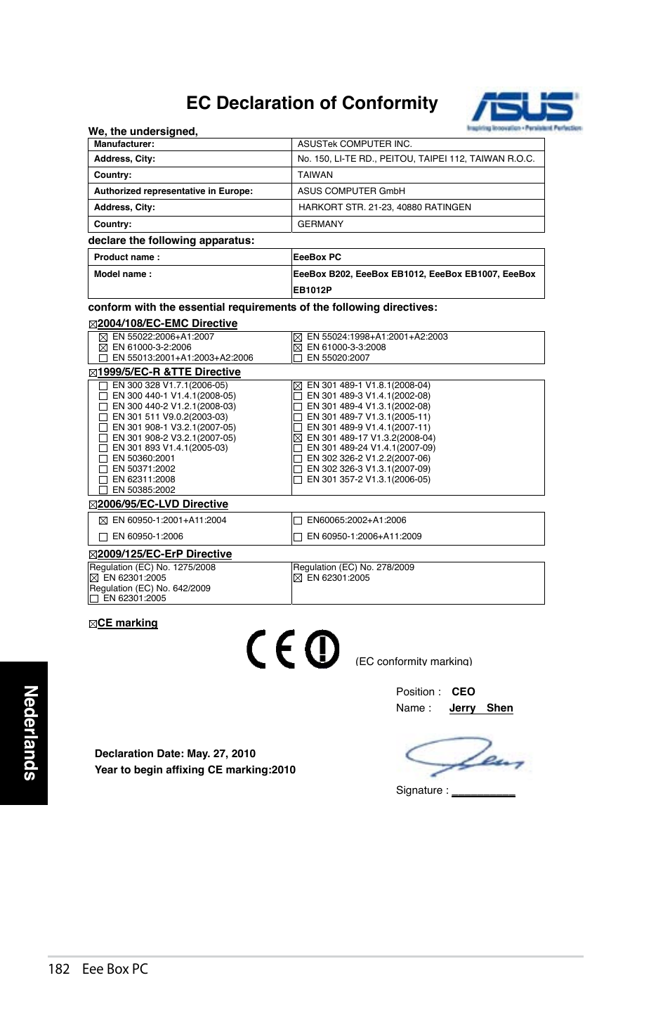 Nederlands, Ec declaration of conformity, 182 eee box pc | Asus EB1007 User Manual | Page 182 / 183