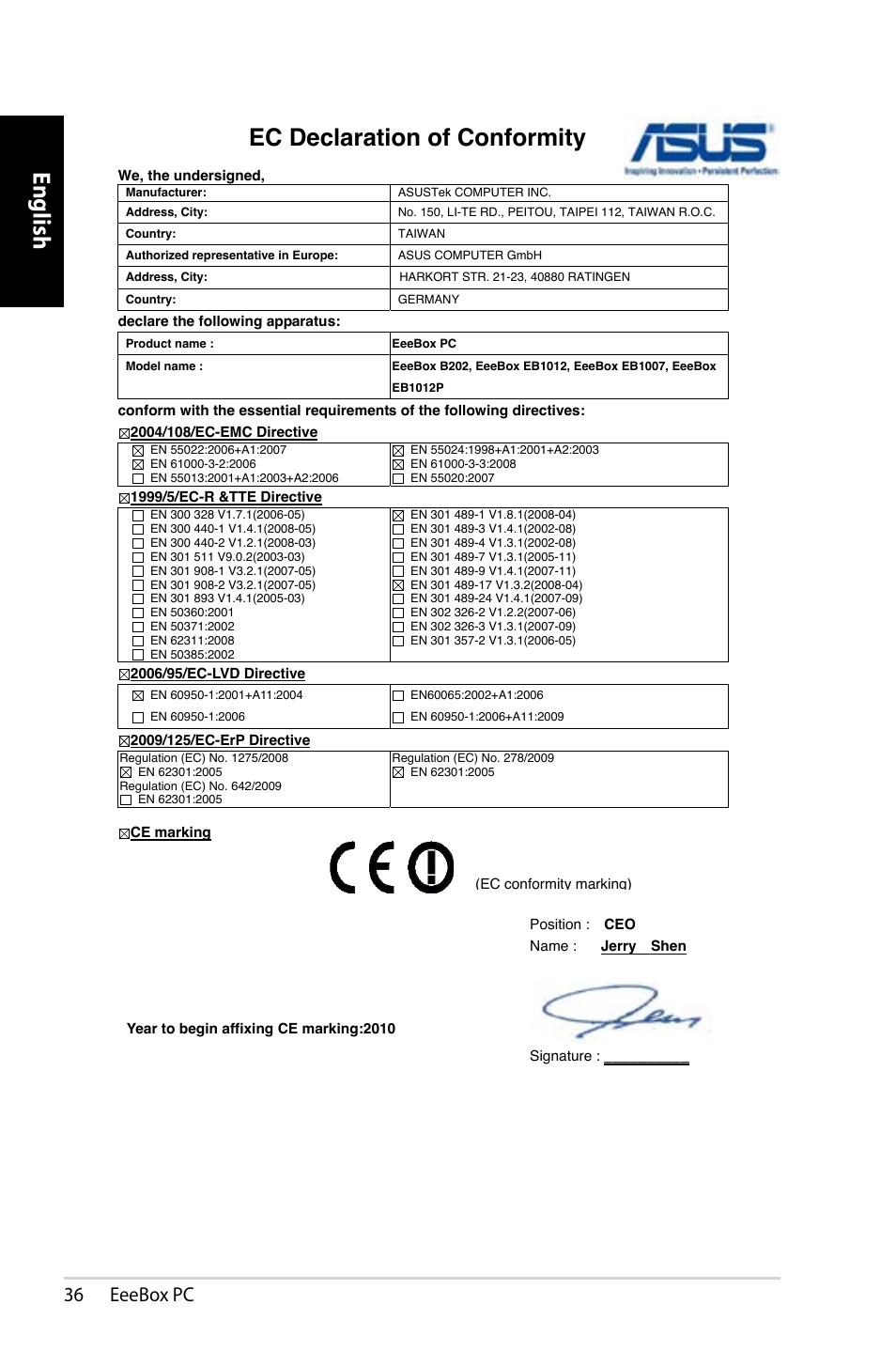 English, Ec declaration of conformity, 36 eeebox pc | Asus EB1007 User Manual | Page 36 / 183