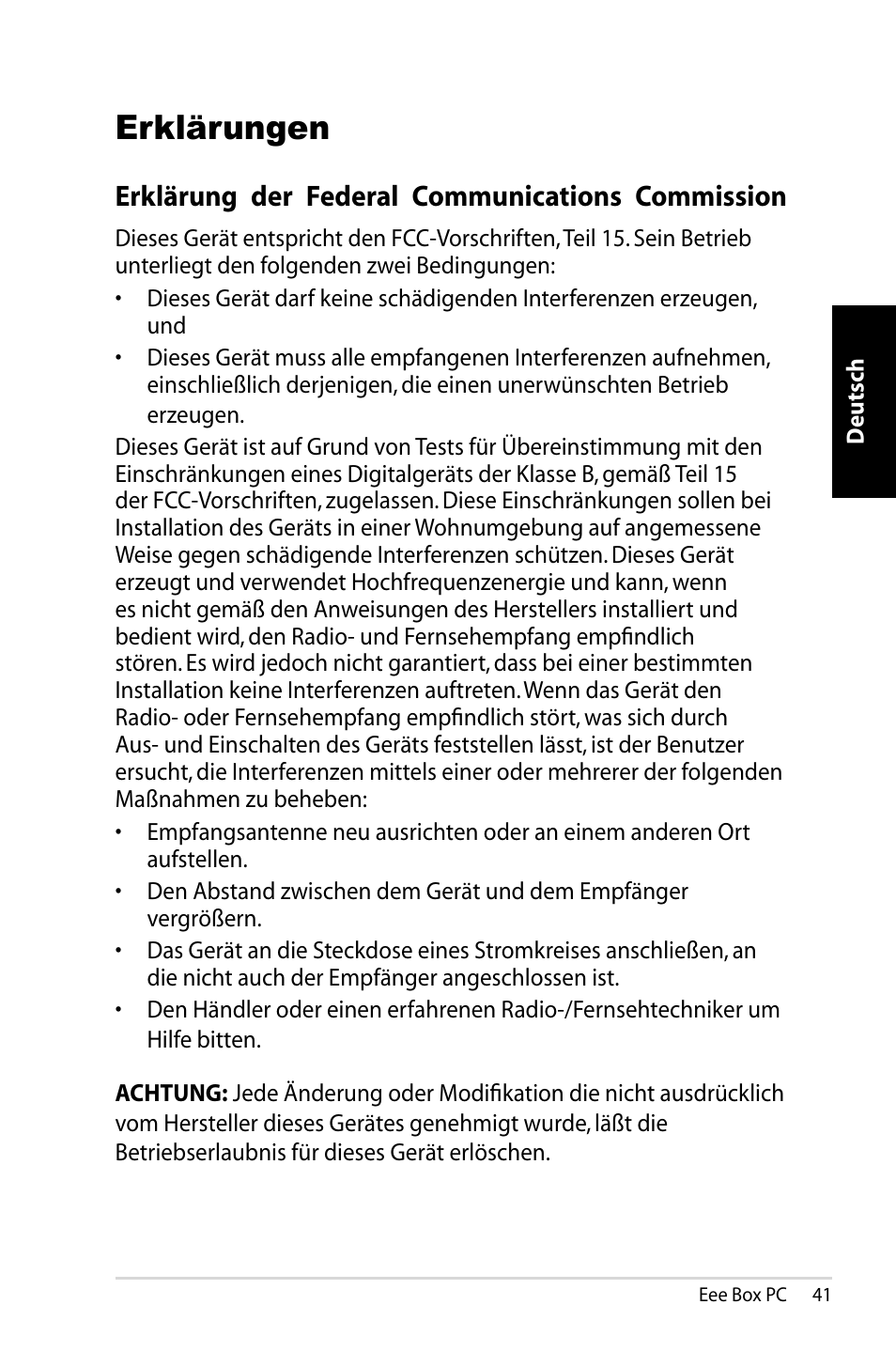 Erklärungen, Erklärung der federal communications commission | Asus EB1007 User Manual | Page 41 / 183