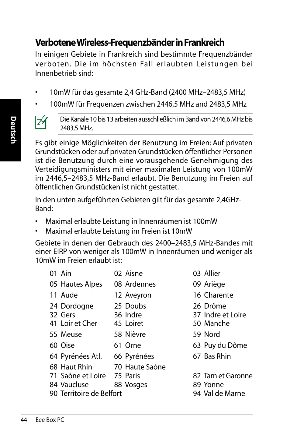 Verbotene wireless-frequenzbänder in frankreich | Asus EB1007 User Manual | Page 44 / 183