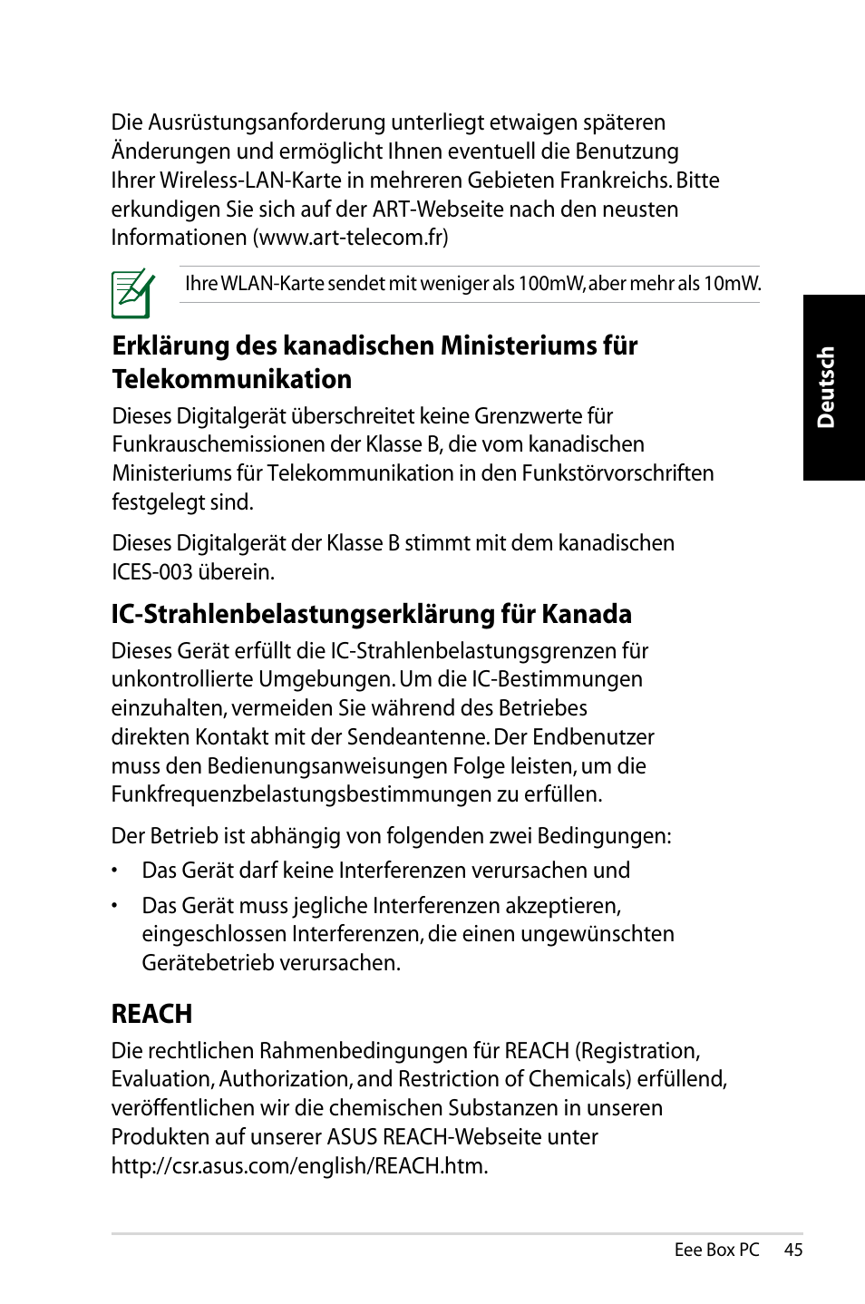 Ic-strahlenbelastungserklärung für kanada, Reach | Asus EB1007 User Manual | Page 45 / 183