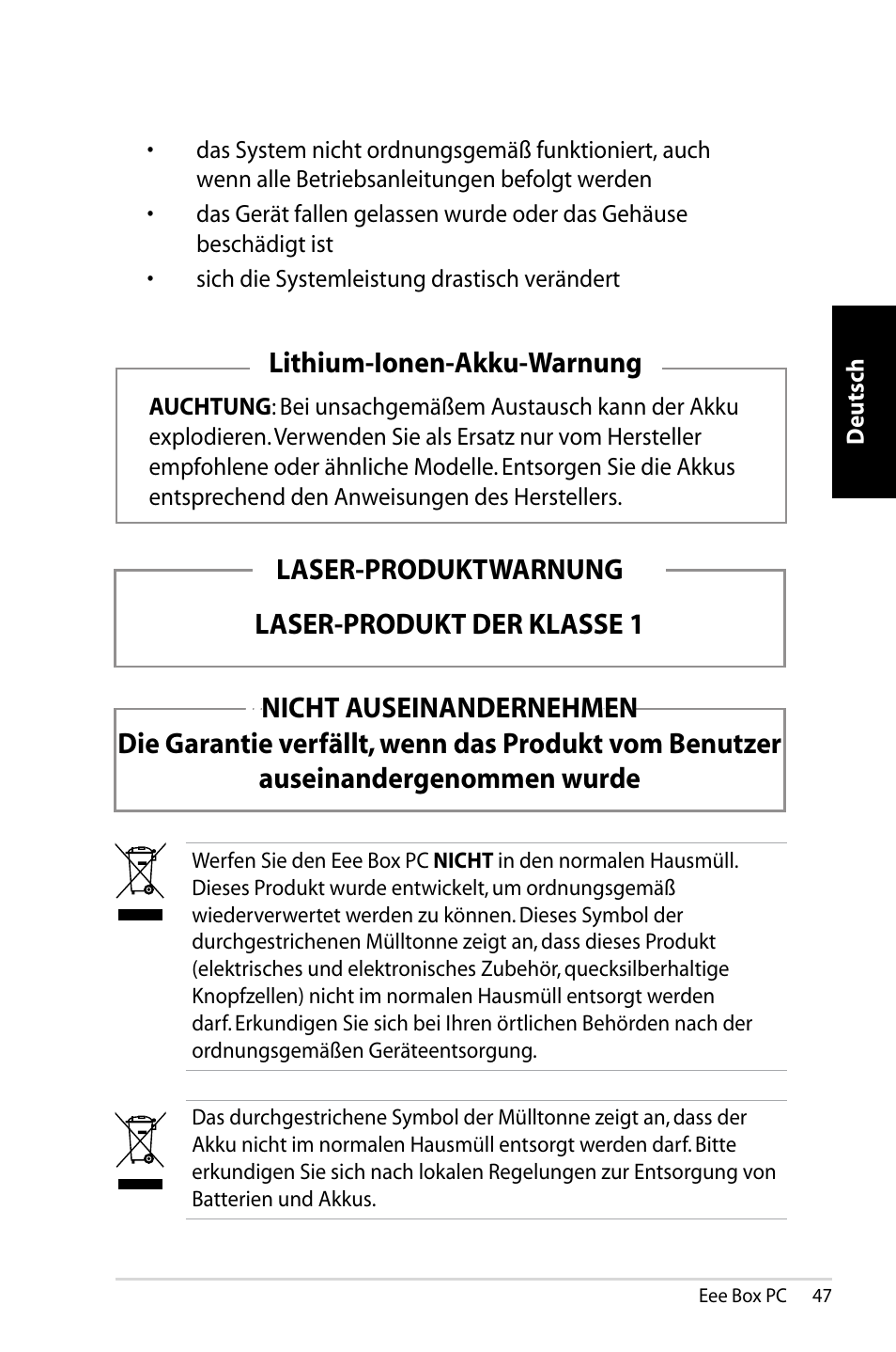 Laser-produkt der klasse 1, Lithium-ionen-akku-warnung, Laser-produktwarnung laser-produkt der klasse 1 | Asus EB1007 User Manual | Page 47 / 183