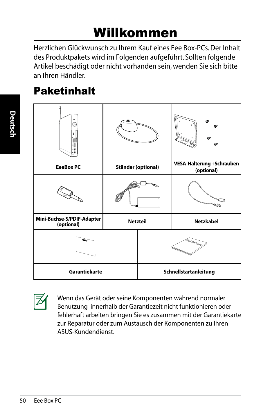 Willkommen, Paketinhalt | Asus EB1007 User Manual | Page 50 / 183