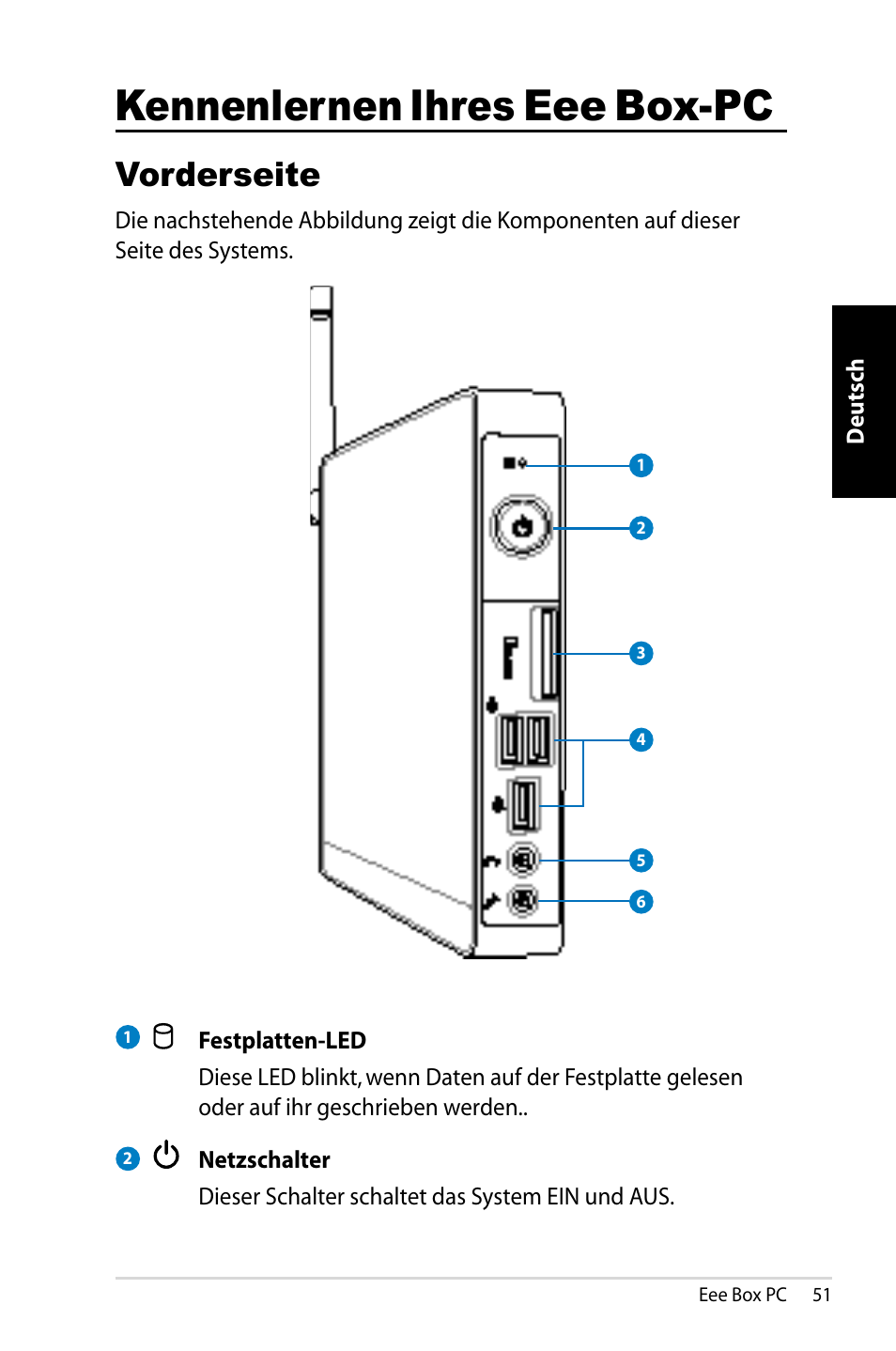 Kennenlernen ihres eee box-pc, Vorderseite | Asus EB1007 User Manual | Page 51 / 183